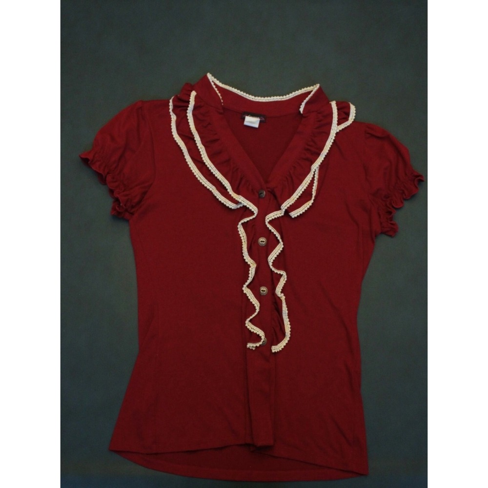 Cocoma | Rustic Red Ruffled | Ivory Embordered Edging | Knit Blouse | Sz M